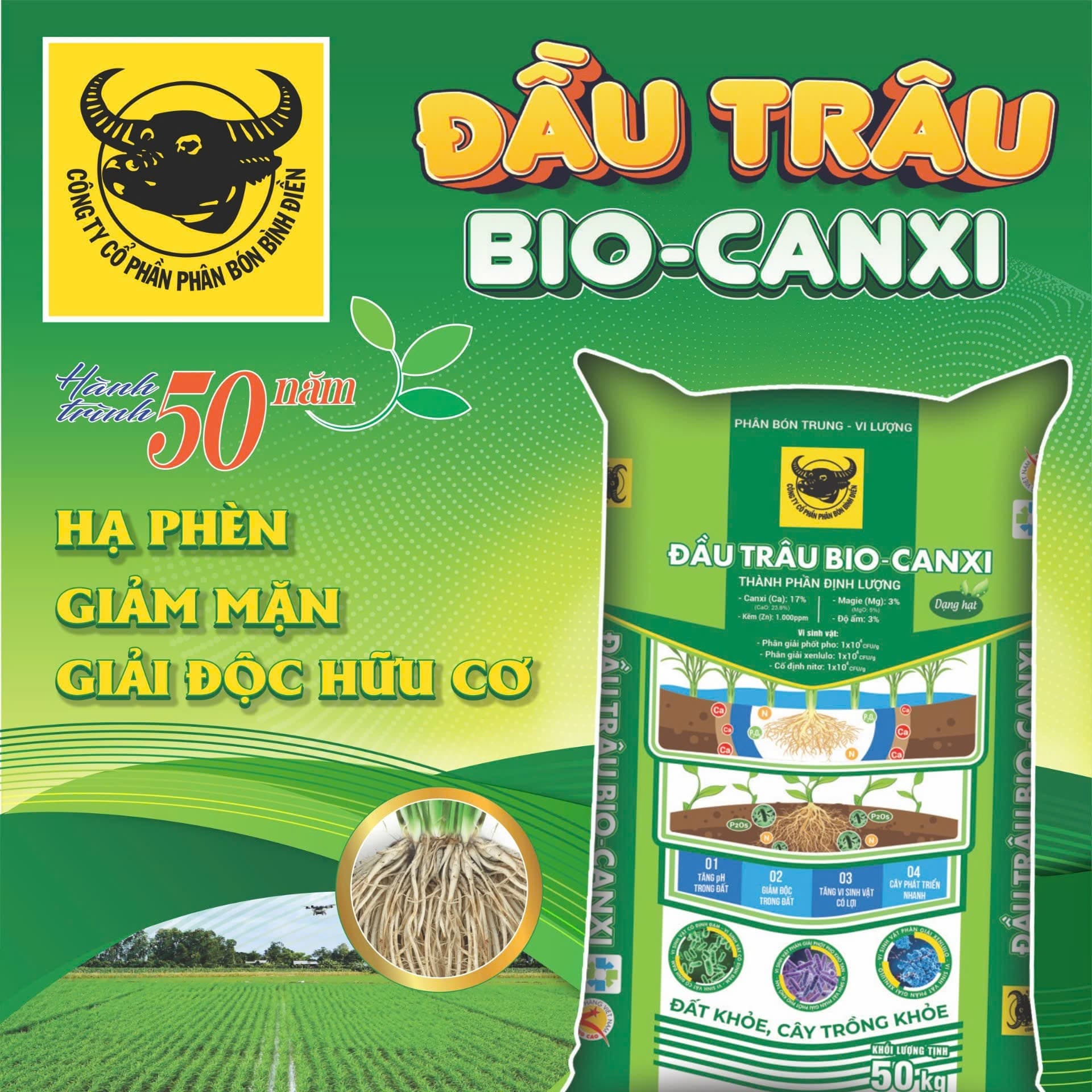 Phân bón Đầu Trâu Bio-Canxi giúp nhà nông cải tạo đất và tăng năng suất lúa